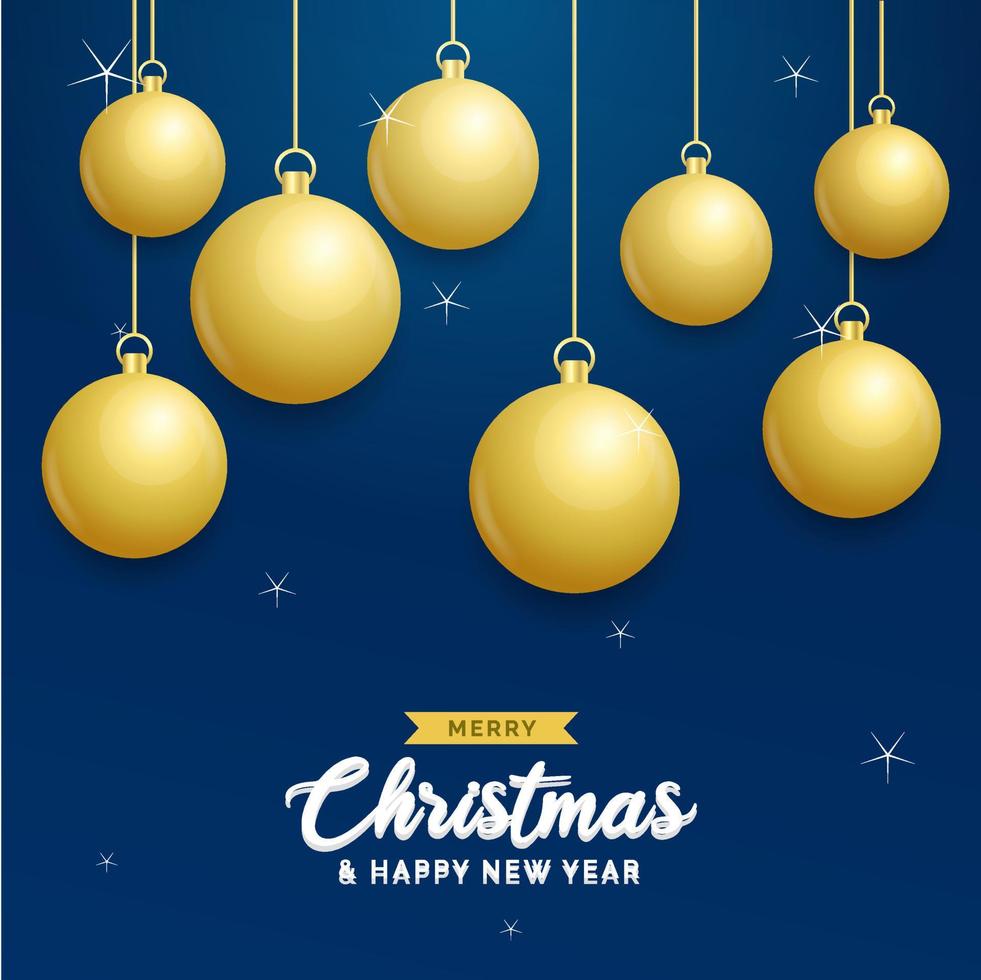 Kerstmis blauw achtergrond met hangende schijnend gouden ballen. vrolijk Kerstmis groet kaart. vakantie Kerstmis en nieuw jaar poster. web banier vector