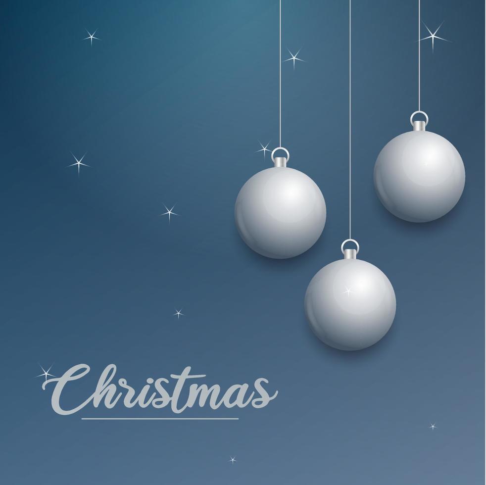 vector Kerstmis banier met decoraties. vrolijk Kerstmis tekst. zilver ornamenten Aan blauw achtergrond