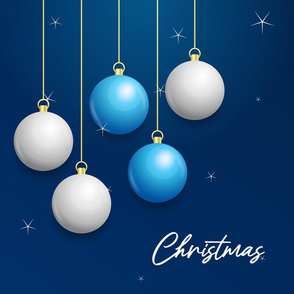 Kerstmis blauw achtergrond met hangende schijnend wit en zilver ballen. vrolijk Kerstmis groet kaart vector