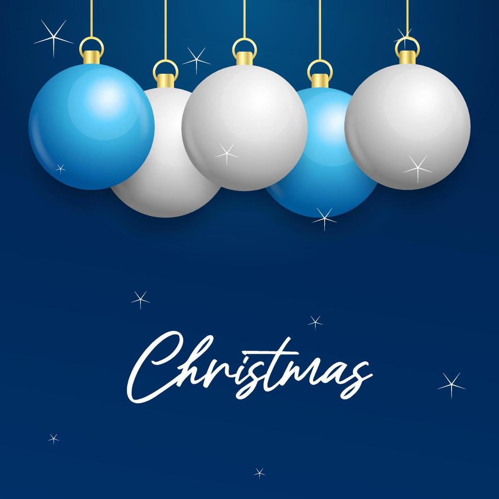 Kerstmis blauw achtergrond met hangende schijnend wit en zilver ballen. vrolijk Kerstmis groet kaart vector