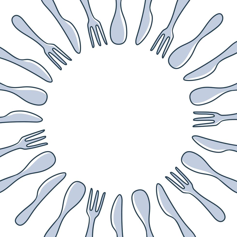 lepels, vorken en messen gerangschikt in een cirkel frame vector stock illustratie in doodle stijl