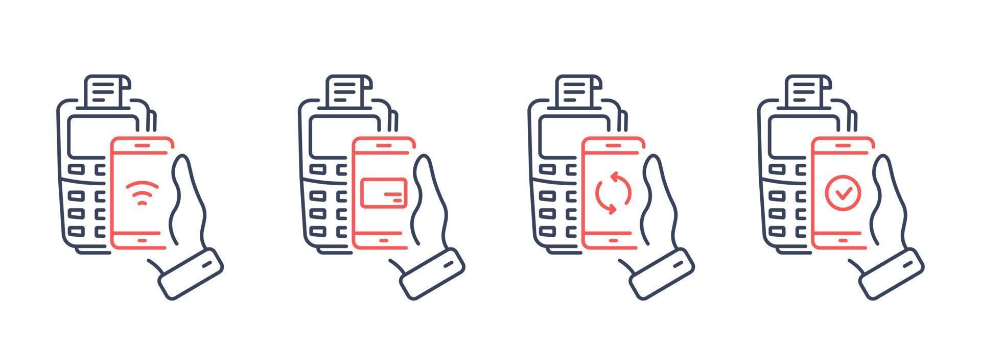 smartphone nfc technologie bank pos verwerken lijn icoon. werkwijze van betaling Aan terminal pictogram set. controleren zonder contant geld betaling transactie schets icoon. bewerkbare hartinfarct. geïsoleerd vector illustratie.