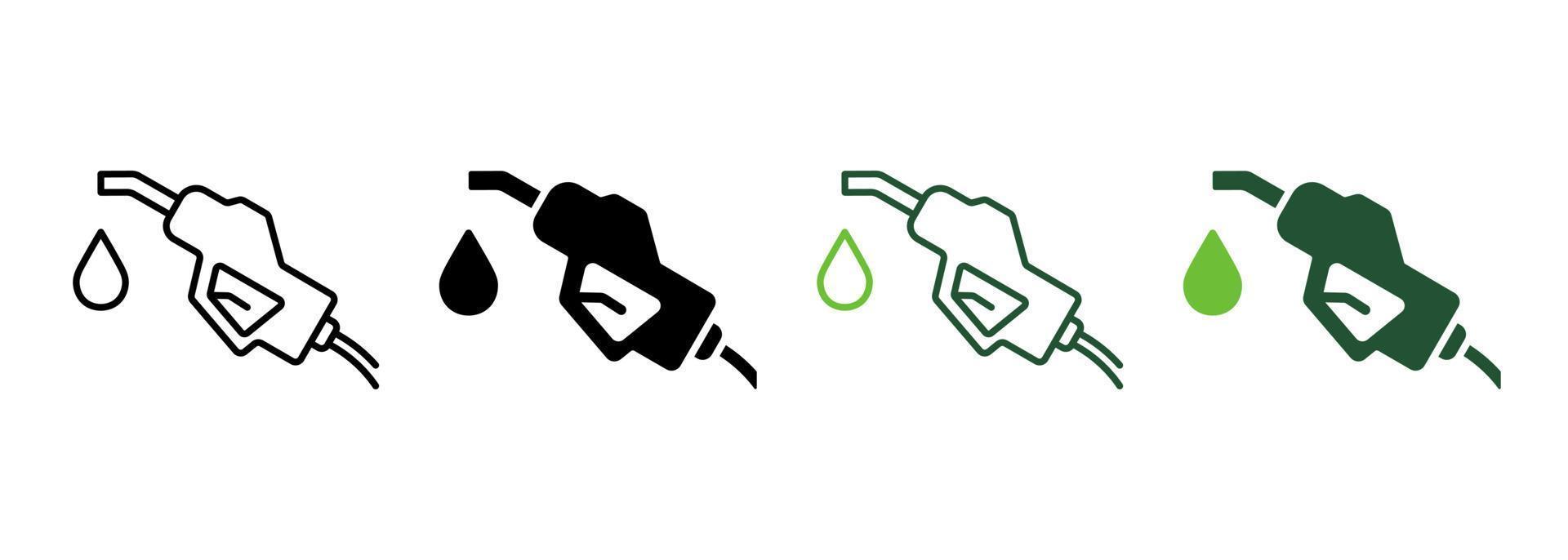 brandstof mondstuk houder met slang Aan benzine station lijn en silhouet icoon kleur set. petroleum energie pomp Aan gas- station symbool Aan wit achtergrond. fossiel vullen mondstuk. geïsoleerd vector illustratie.