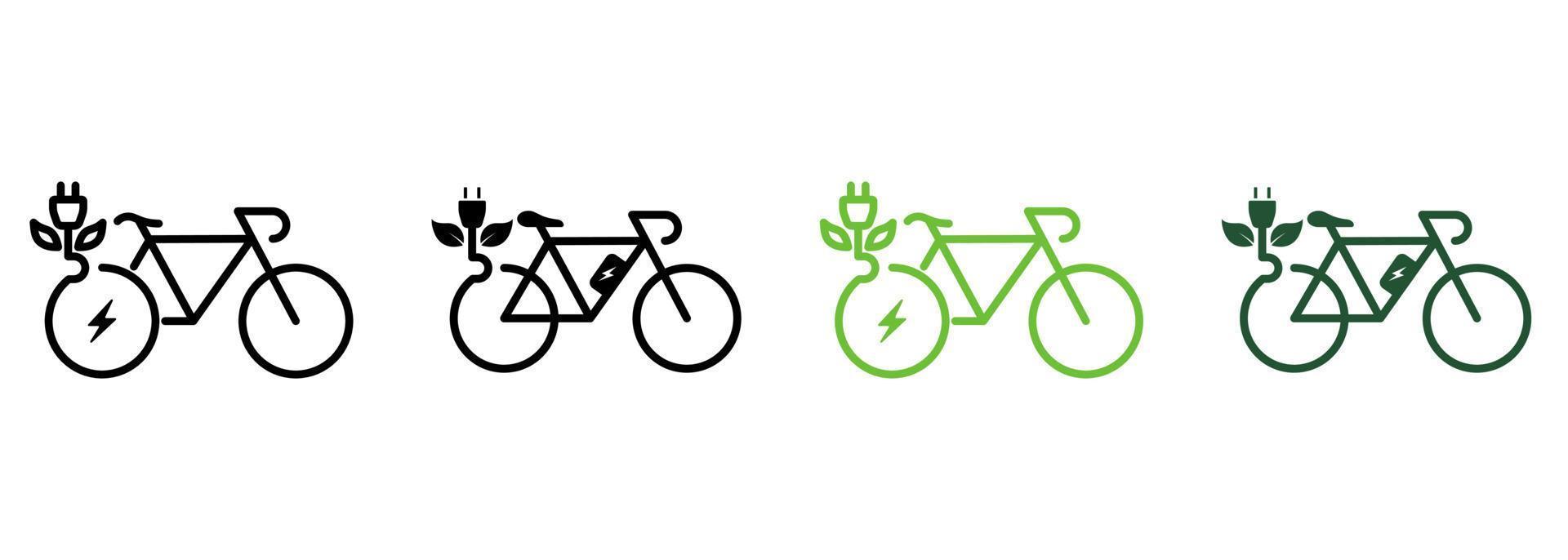 ecologie fiets Aan elektrisch macht met plug en blad lijn en silhouet icoon kleur set. eco elektriciteit stad vervoer. groen energie fiets symbool verzameling. geïsoleerd vector illustratie.