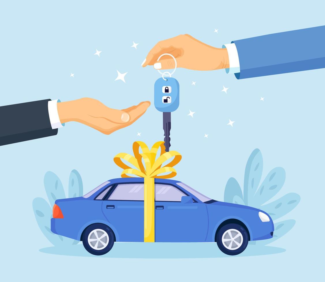 buying of huren nieuw of gebruikt auto. auto handelaar geven sleutel naar koper. voertuig verhuur, uitverkoop of leasing concept vector