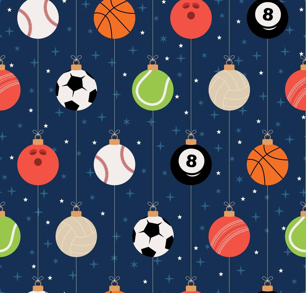 sport kerst naadloze patroon. kerstpatroon met sport honkbal, basketbal, voetbal, tennis, cricket, voetbal, volleybal, bowlen, biljartballen hangen aan een zijden draadje. vector illustratie.