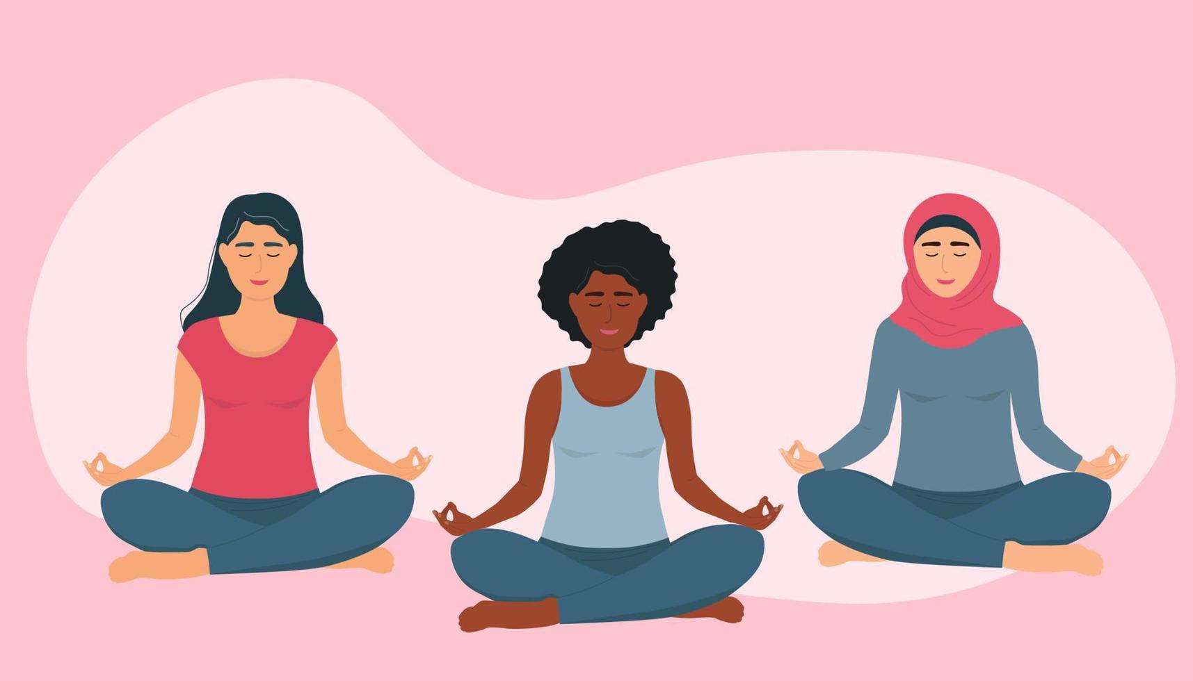 een groep van Dames Doen yoga. meisjes van verschillend landen zijn zittend in de lotus positie, mediteren. vector grafiek.