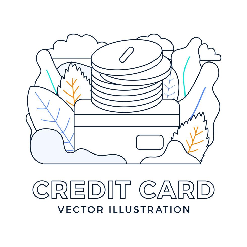 stapel munten met een creditcard vector stock illustratie geïsoleerd op een witte achtergrond. het concept van het toevoegen van geld aan een bankrekening. de achterkant van de kaart met een stapel munten.