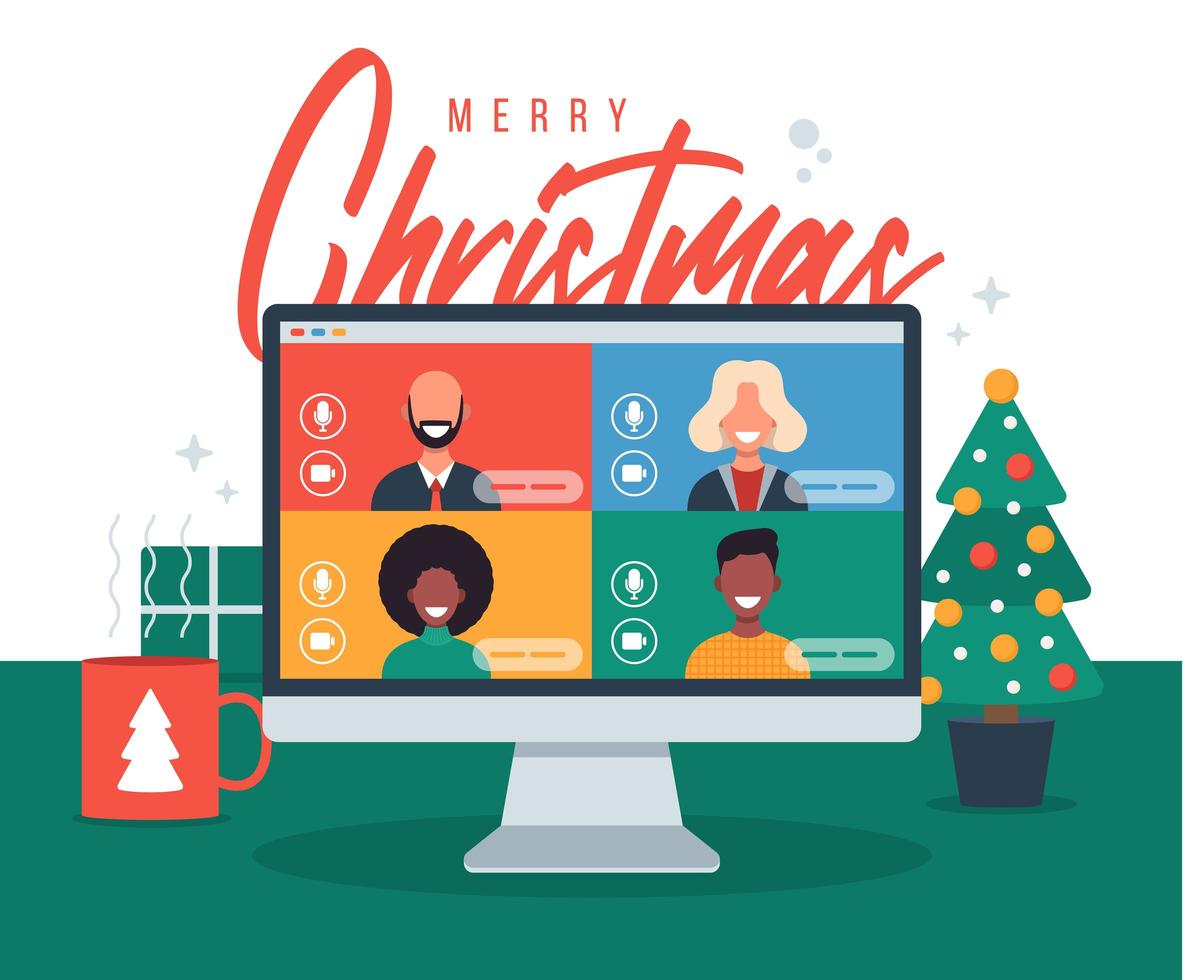 online kerstgroet. mensen ontmoeten online samen met familie of vrienden videobellen op pc computer virtuele discussie. vrolijke veilige kerst bureau werkplek, platte vectorillustratie vector