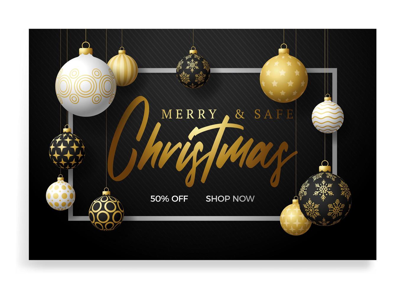 vrolijke en veilige kerstbanner. vectorillustratie met drie realistische kerstboombal gouden, zwart-witte kleur en belettering tekst. feestdagen wegens coronavirus vector