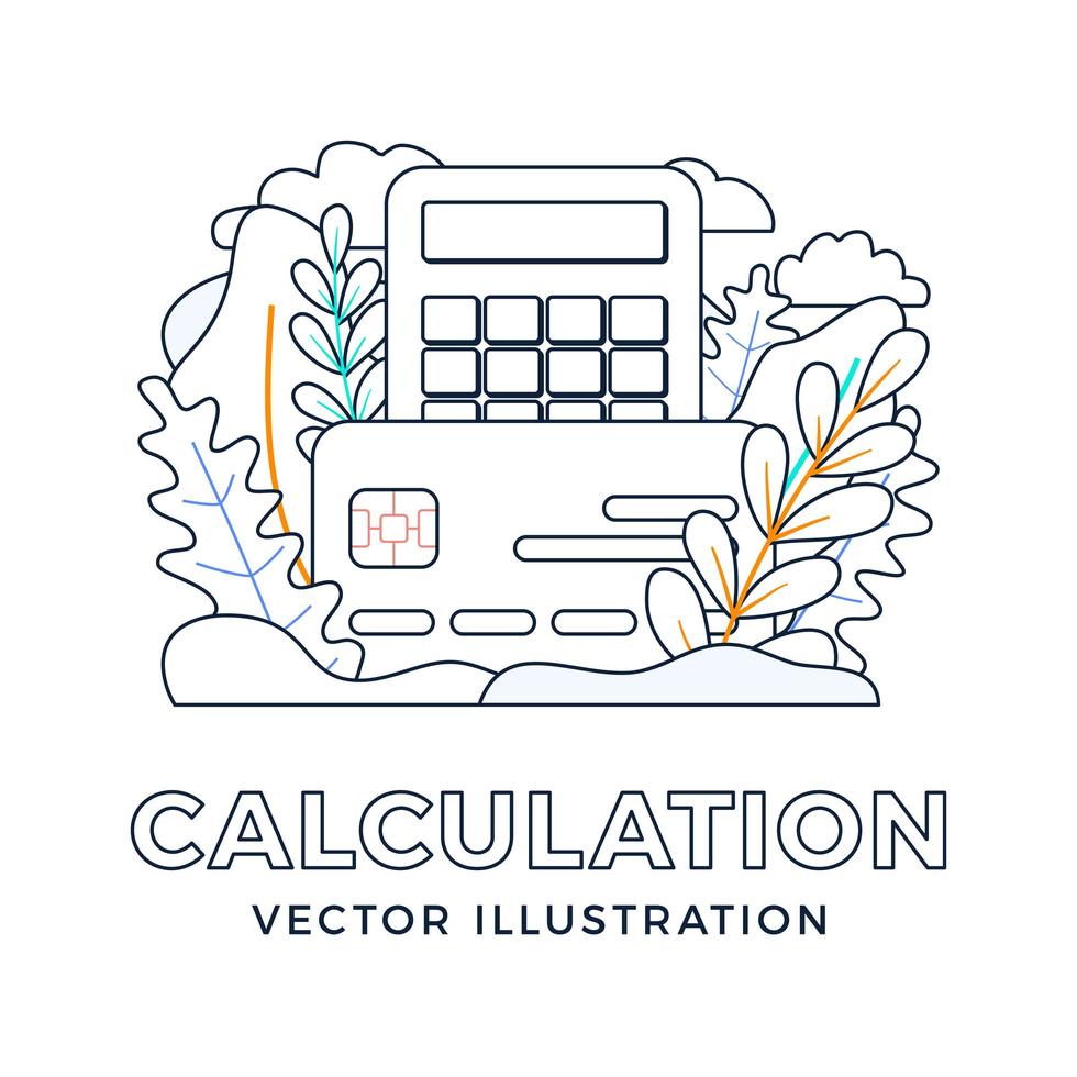 rekenmachine en creditcard vector stock illustratie geïsoleerd op een witte achtergrond. het concept van het betalen van belastingen, het berekenen van uitgaven en inkomsten, het betalen van rekeningen. voorzijde van kaart met rekenmachine.