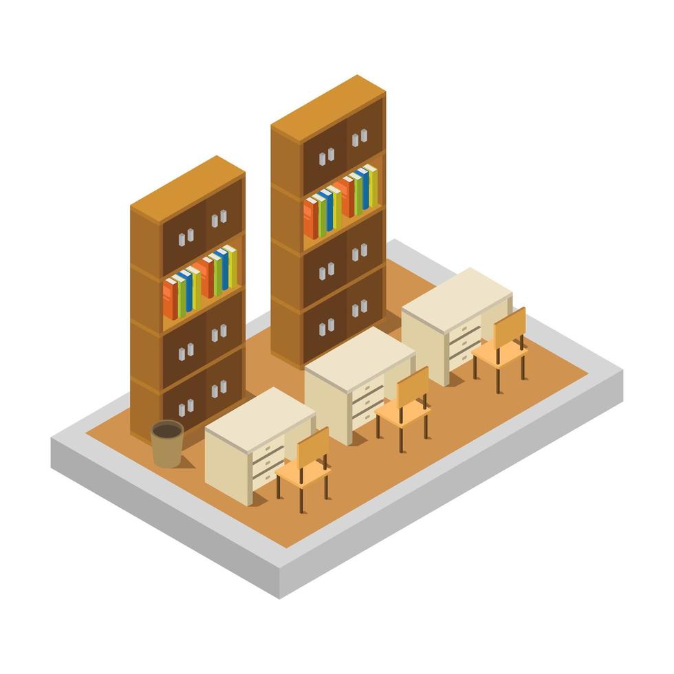 isometrisch klaslokaal met boekenplanken vector