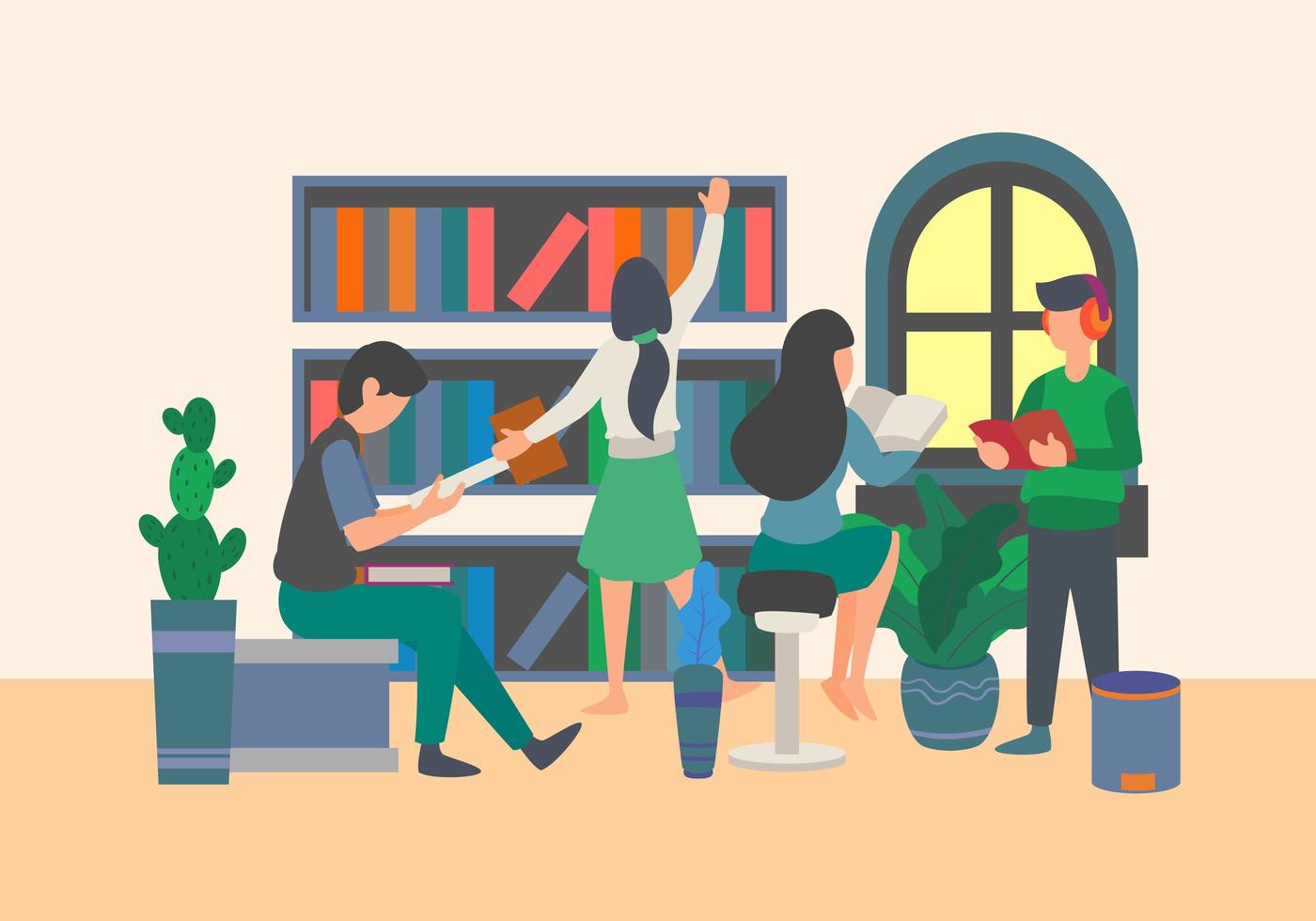 platte elementen van studenten die studeren aan de bibliotheek. studentenbijeenkomst bij vlakke elementen van de bibliotheek. terug naar schoolthema. vector