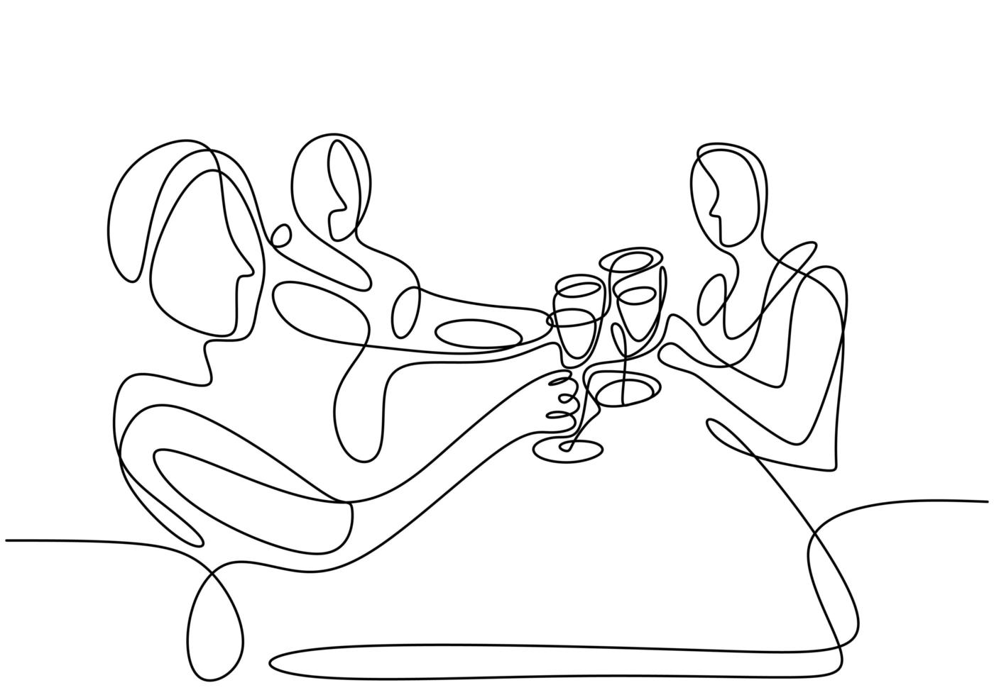 continu een lijntekening, vector van groepsmensen juichen met glazen wijn of champagne. man en vrouw in feestviering. minimalisme ontwerp met eenvoud geïsoleerd op een witte achtergrond.