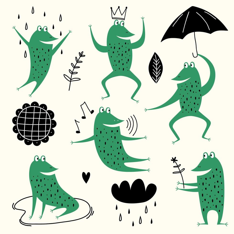 schattige cartoon kikkers. vector set dier van amfibie pad tekening, groene kikker collectie illustratie. kikkers, regen, bloemen en lucht. mooie dieren in Scandinavische stijl. concept voor kinderen afdrukken