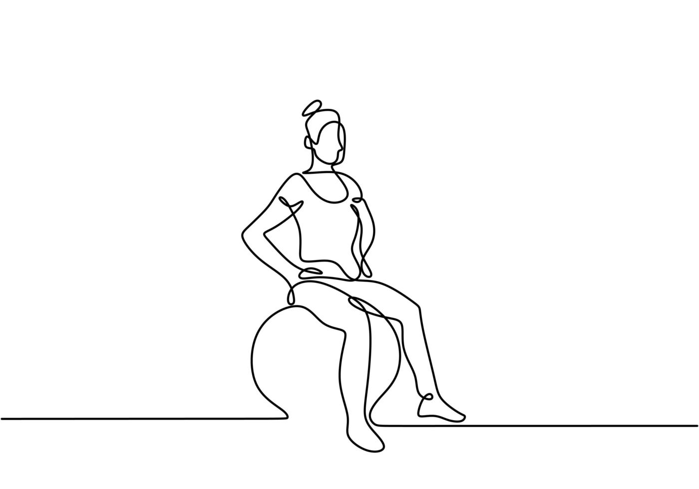 een enkele getekende lijntekeningen doodle jonge moeder doet yoga oefening. mooie zwangere vrouw zittend op een yoga bal geïsoleerde hand getekende schets afbeelding op witte achtergrond. vector illustratie