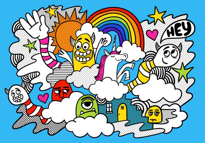 Kleurrijke regenboog monster doodle vector