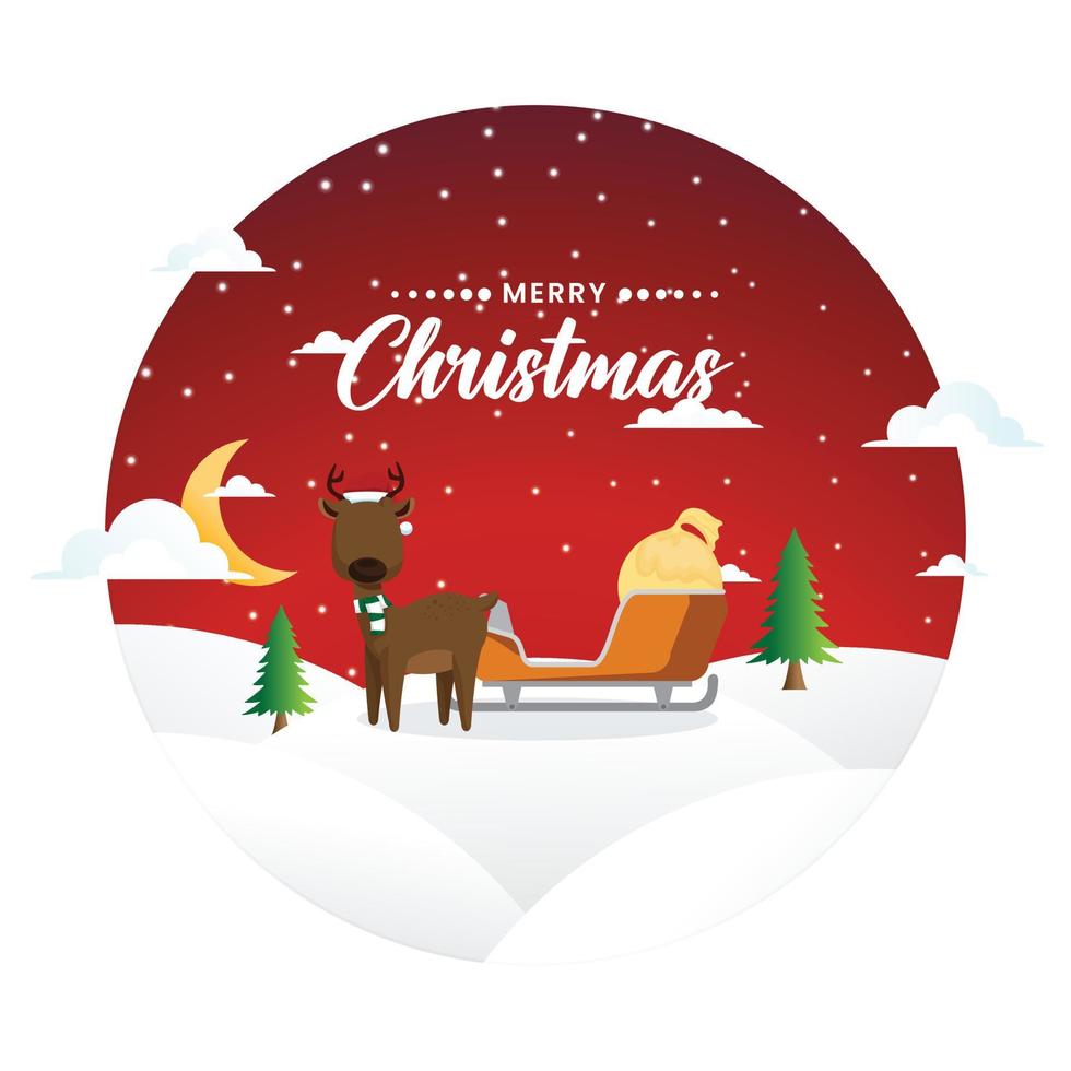 Kerstmis winter landschap met hert en santa's slee. Kerstmis feestelijk poster ontwerp vector
