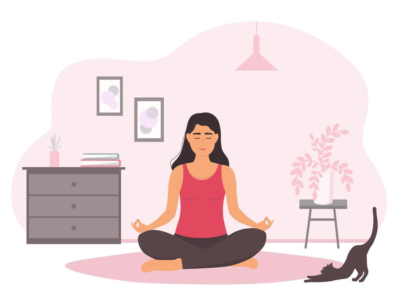 de meisje is zittend in de lotus positie in de kamer Aan de vloer. een vrouw doet yoga asana's alleen Bij huis. vector grafiek.