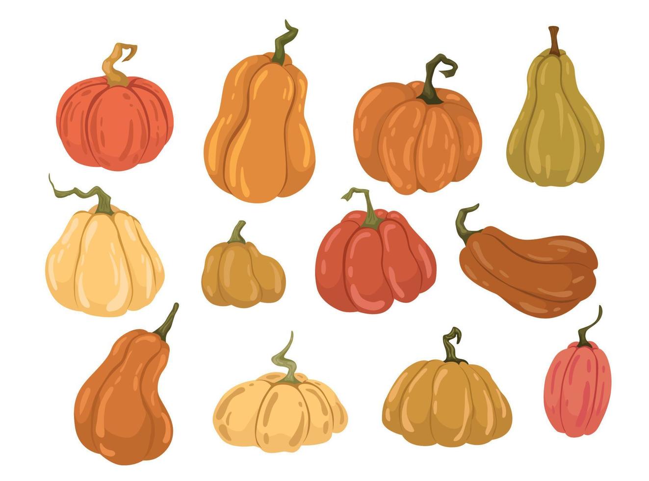 reeks vlak getrokken pompoenen herfst verzameling. vector