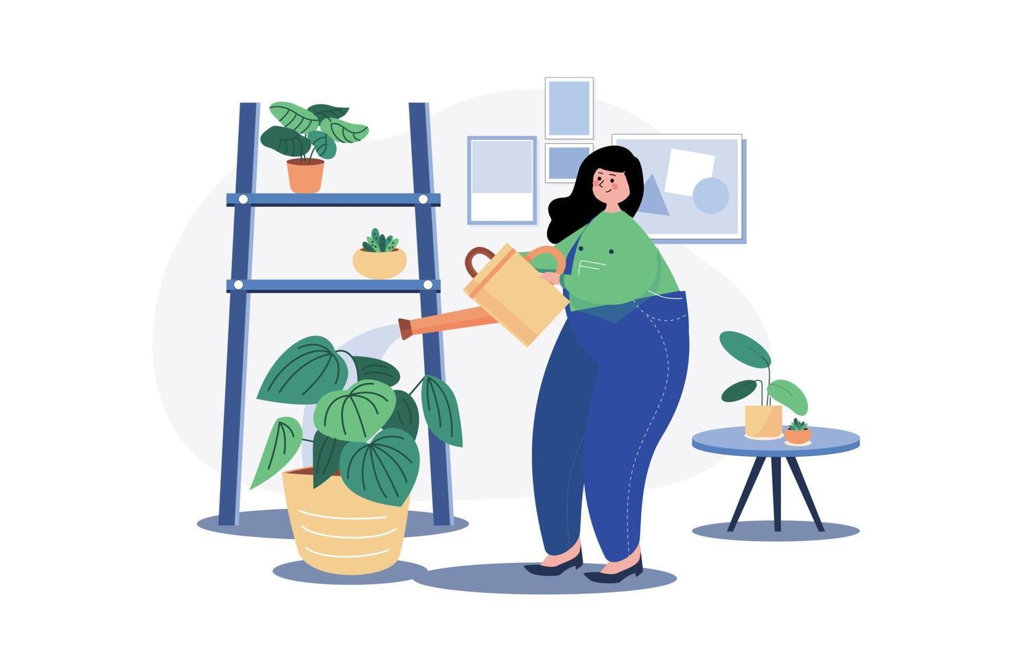 vrouw zorgzaam voor een kamerplant illustratie concept. een vlak illustratie geïsoleerd Aan wit achtergrond vector