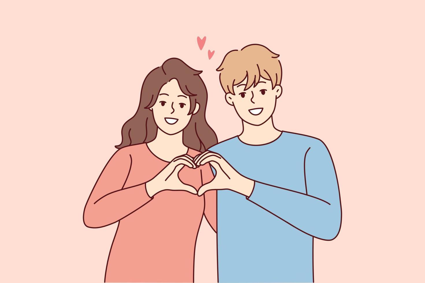 glimlachen paar knuffel tonen hart hand- gebaar. gelukkig Mens en vrouw demonstreren liefde teken delen genegenheid en zorg. relaties concept. vector illustratie.