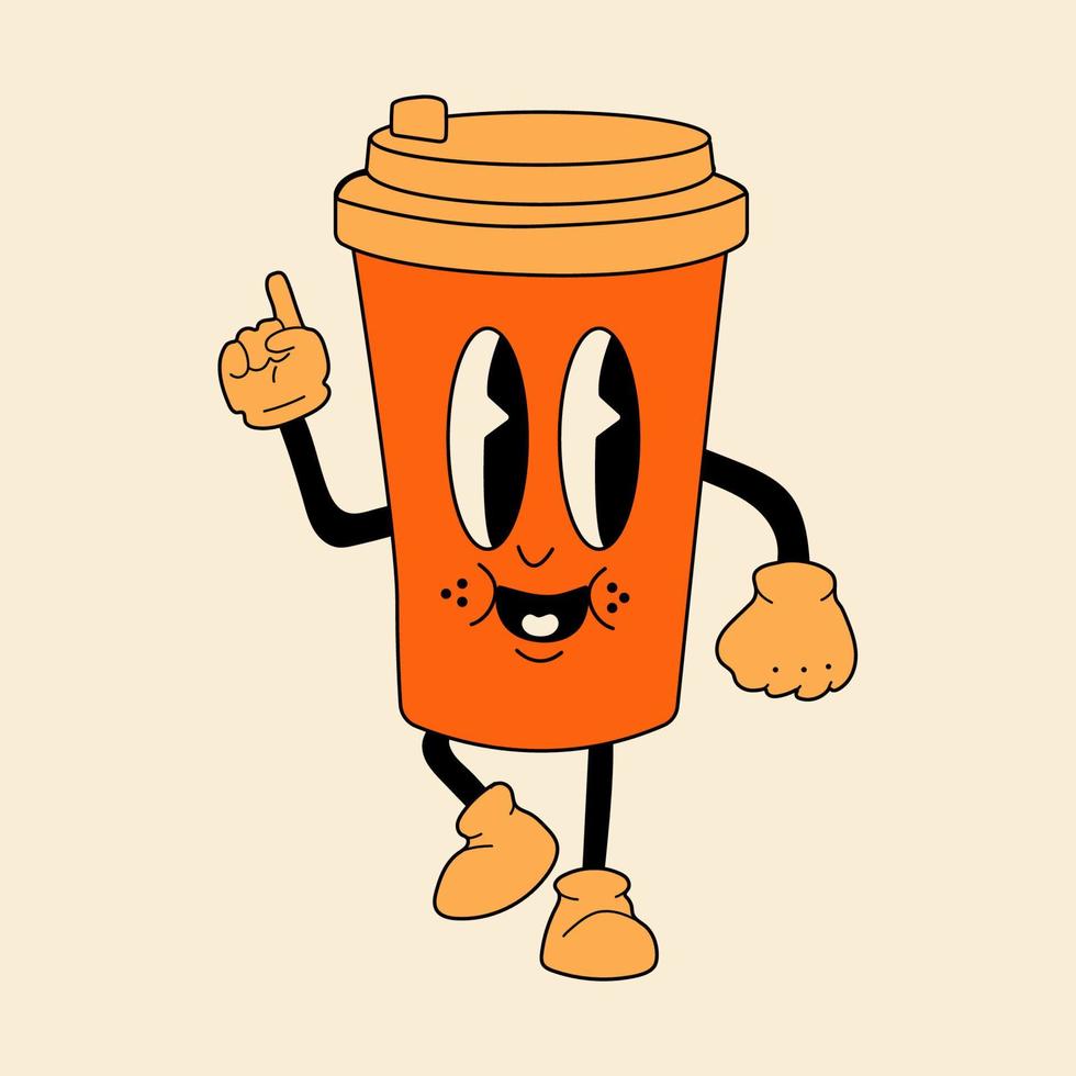 retro kop van heet drinken Jaren 30 tekenfilm mascotte karakter -. jaren 40, jaren 50, Jaren 60 oud animatie stijl. wijnoogst grappig winter cafe, Kerstmis drinken advertentie, vector. Vrolijk, glimlach emoties. vector