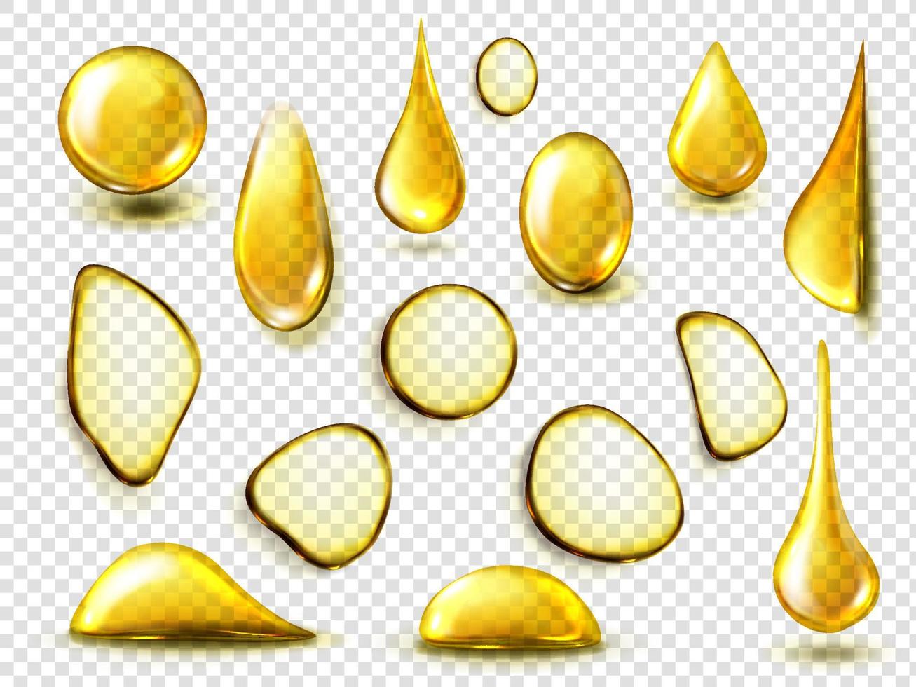 realistisch gouden druppels en vlekken van olie of honing vector