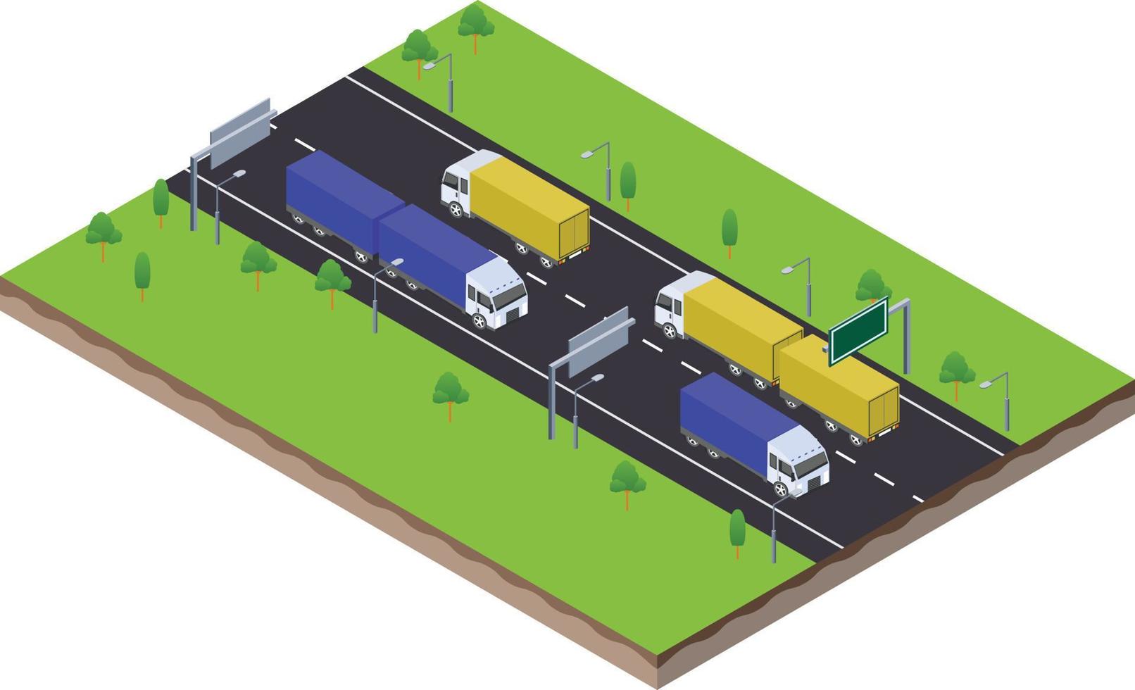 isometrische tafereel van vervoer logistiek aanhangwagen vrachtauto in snelweg verkeer weg vector