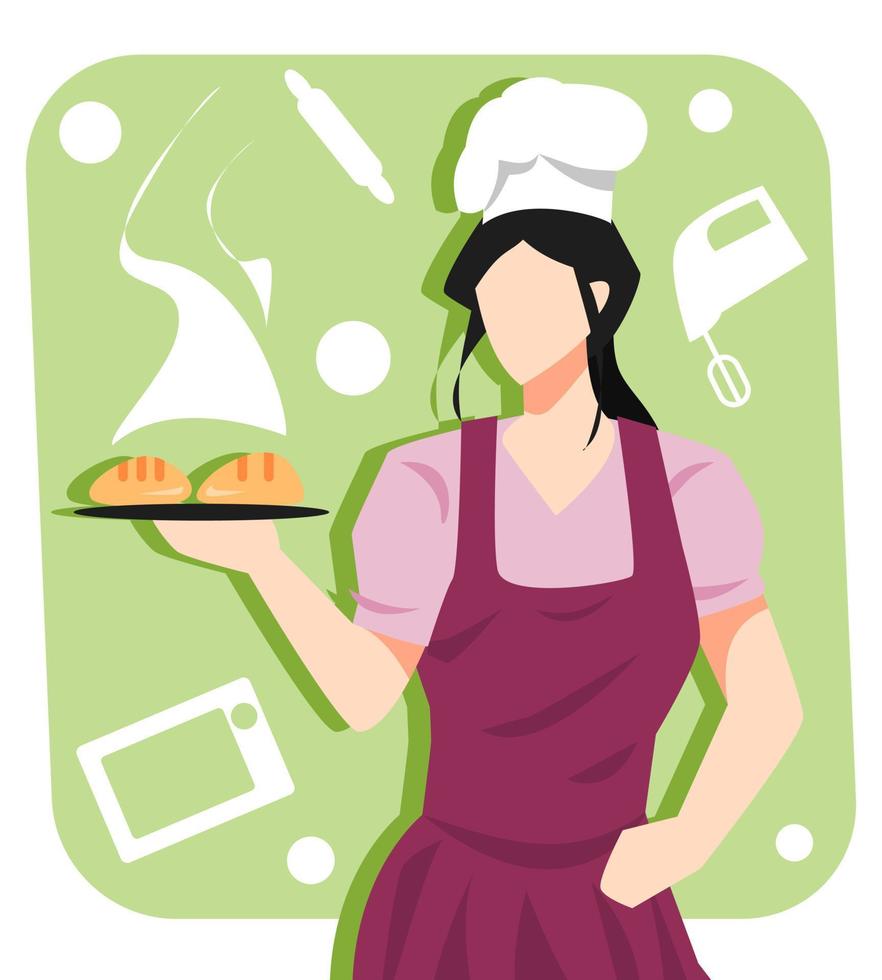 illustratie van vrouw chef Koken taart, brood. groen achtergrond. magnetron, rollend pin, menger icoon. Koken concepten, hobby's, beroepen, voedsel, enz. vlak vector