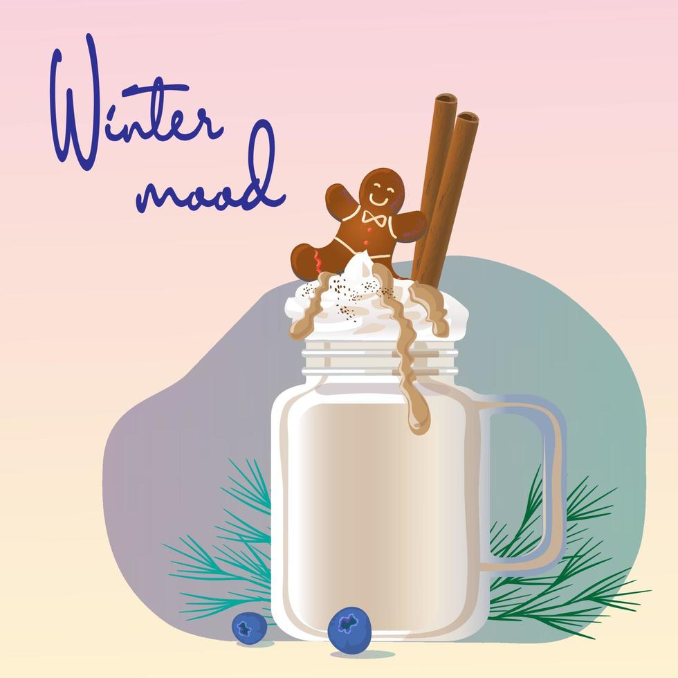 schattig illustratie van mok met heet cacao, koffie, melk, room, gember koekjes. perfect voor groet kaarten, partij uitnodigingen, affiches, stickers, pin, scrapbooking vector