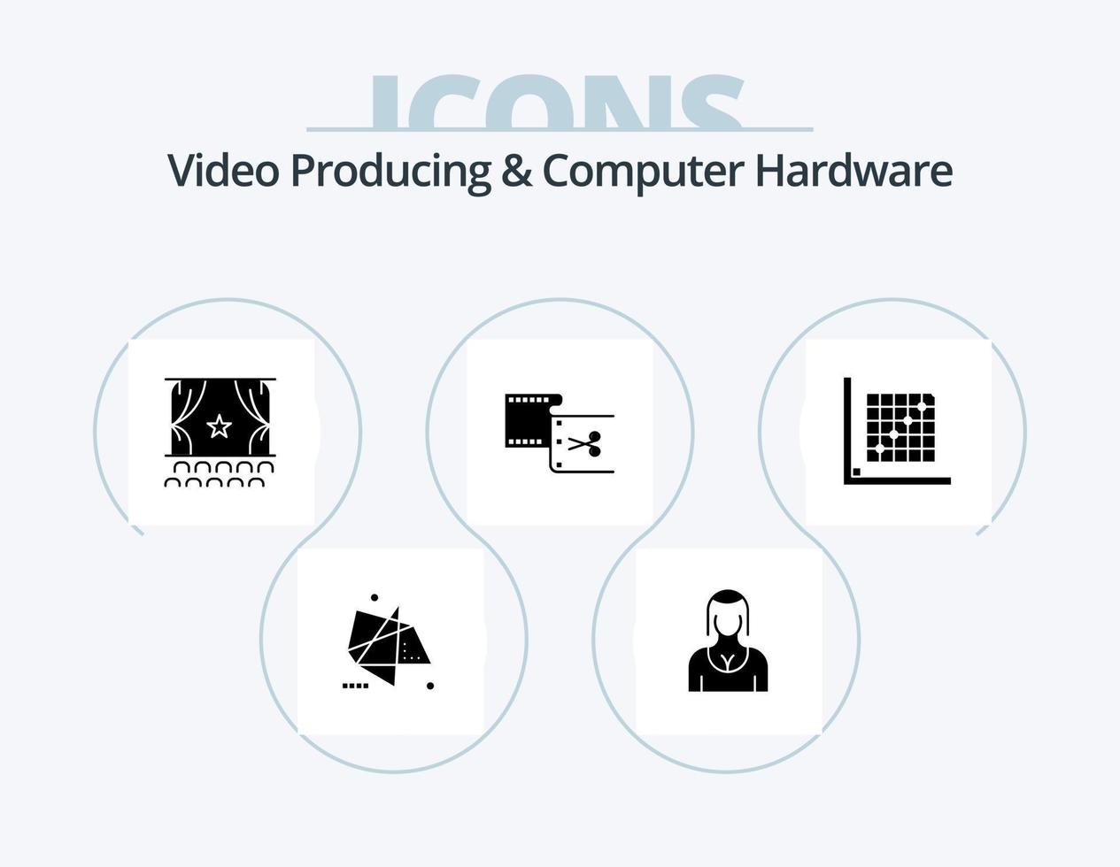 video produceren en computer hardware glyph icoon pak 5 icoon ontwerp. Bewerk. klem. meisje. première. film vector