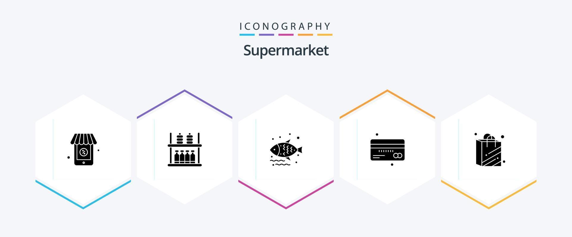 supermarkt 25 glyph icoon pak inclusief boodschappen doen tas. financiën. voedsel. debiteren. credit vector