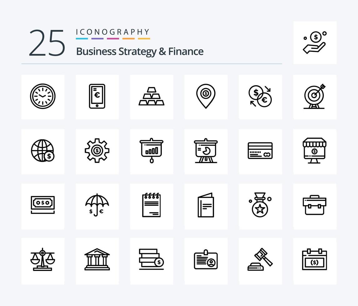 bedrijf strategie en financiën 25 lijn icoon pak inclusief pin . plaats . winkelen. goud bar vector