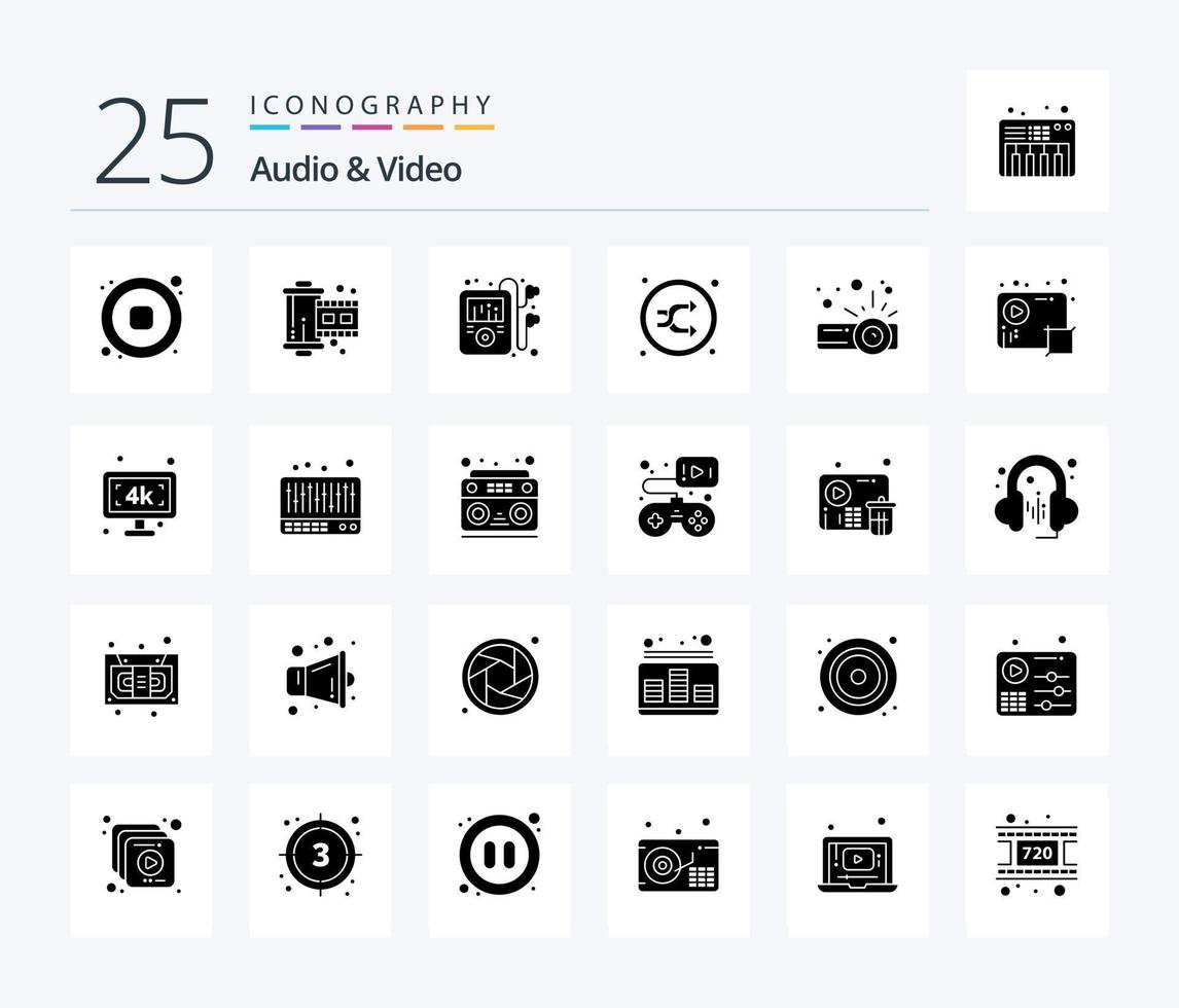 audio en video 25 solide glyph icoon pak inclusief presentatie. schudden. smp multimediaal. willekeurig. mengen vector