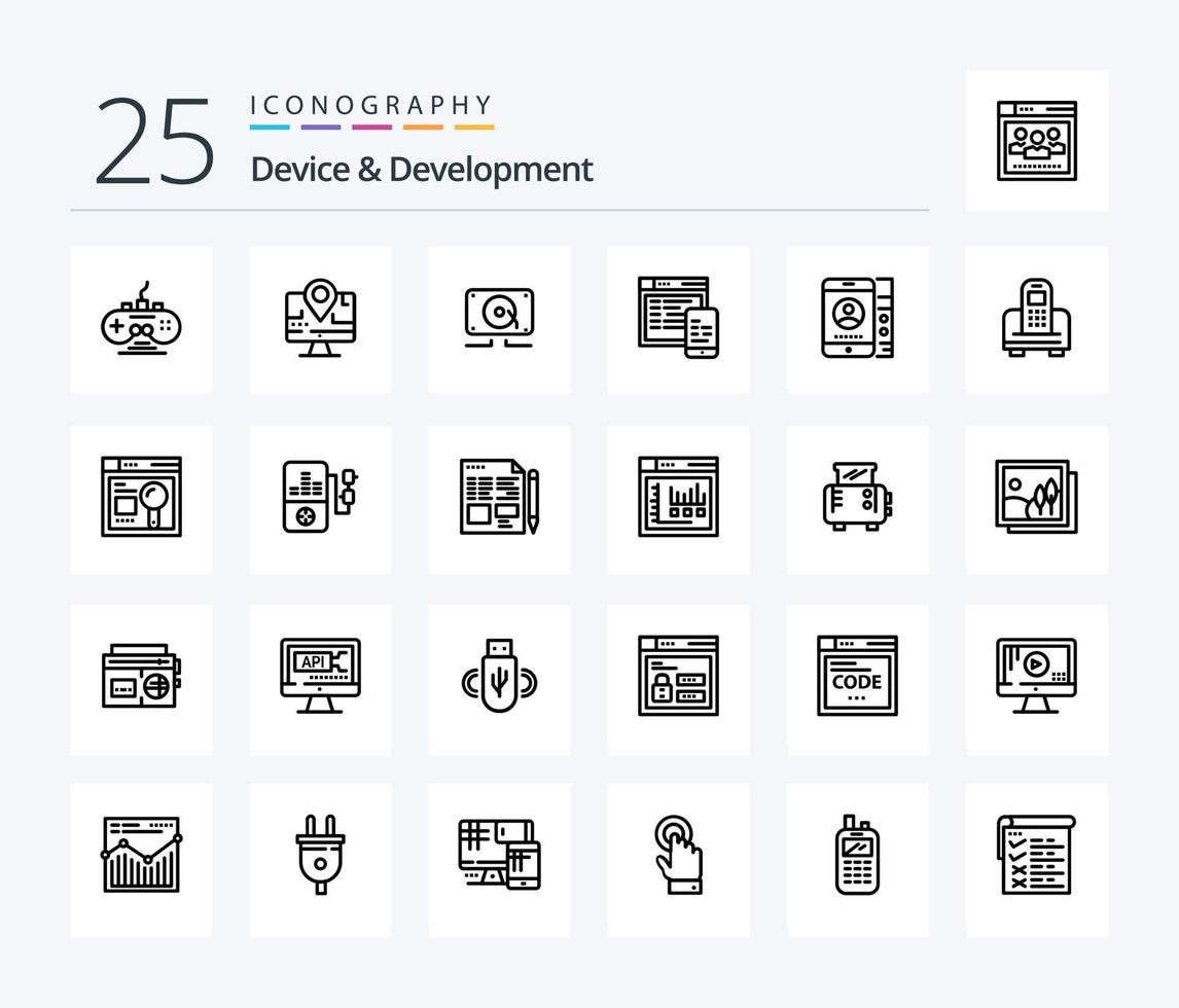 apparaat en ontwikkeling 25 lijn icoon pak inclusief cel. mobiel. muziek- . website. snel reagerend vector