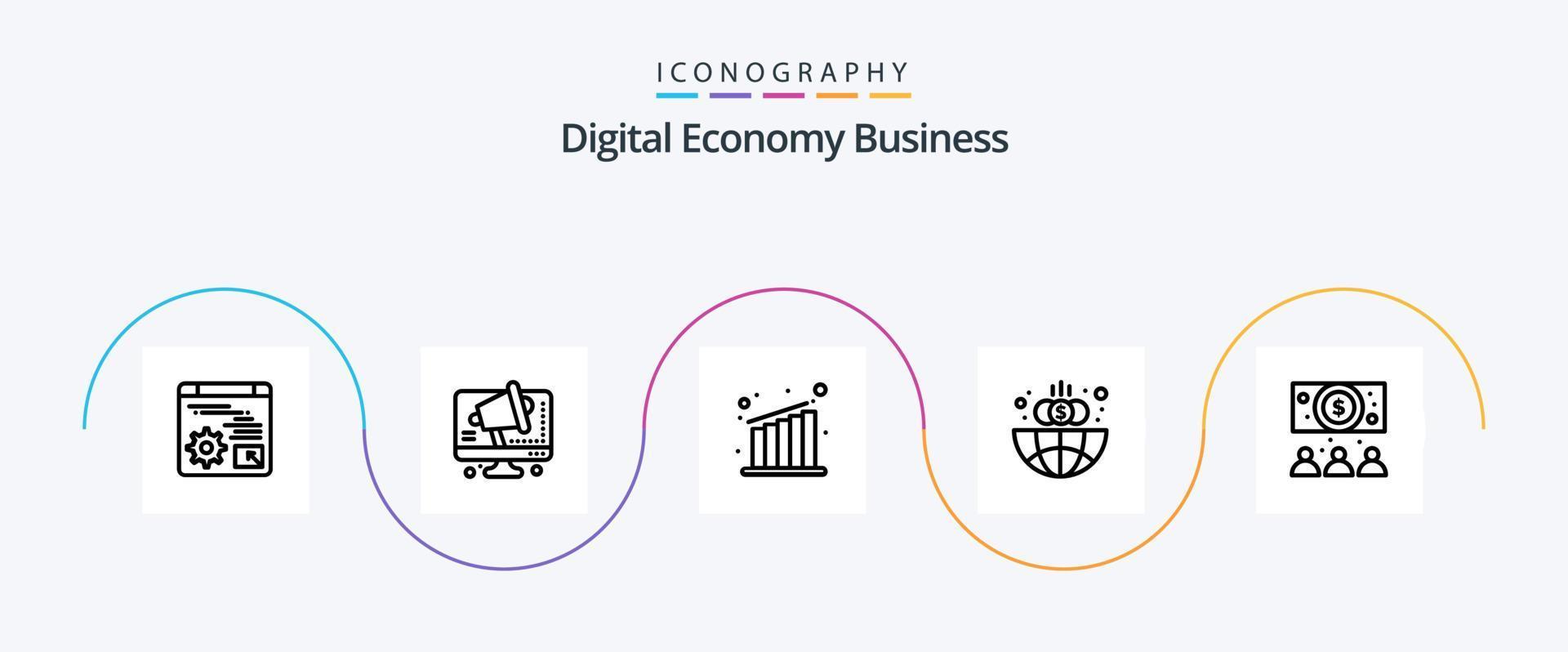 digitaal economie bedrijf lijn 5 icoon pak inclusief online. bedrijf. bedrijf. wereldbol. financiën vector