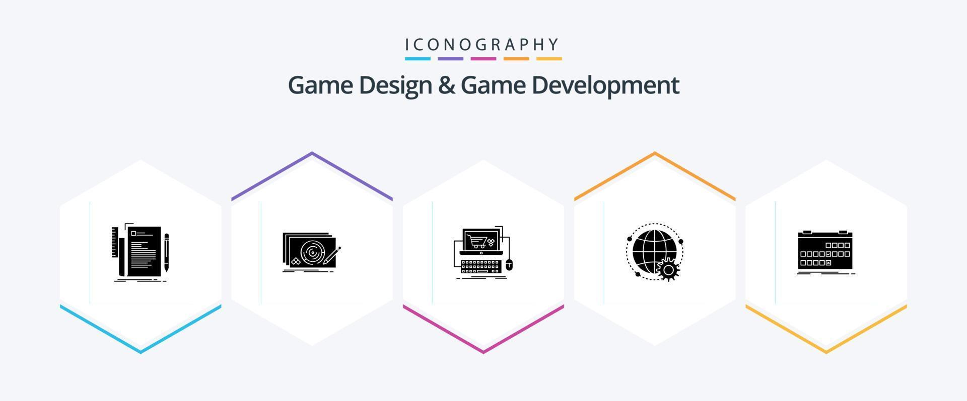 spel ontwerp en spel ontwikkeling 25 glyph icoon pak inclusief wereld. verbonden. compleet. spel. winkel vector