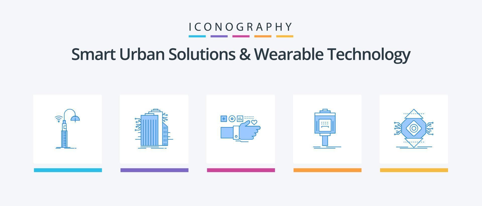 slim stedelijk oplossingen en draagbaar technologie blauw 5 icoon pak inclusief onderhoud. bediende. verbonden. pols. geschiktheid. creatief pictogrammen ontwerp vector