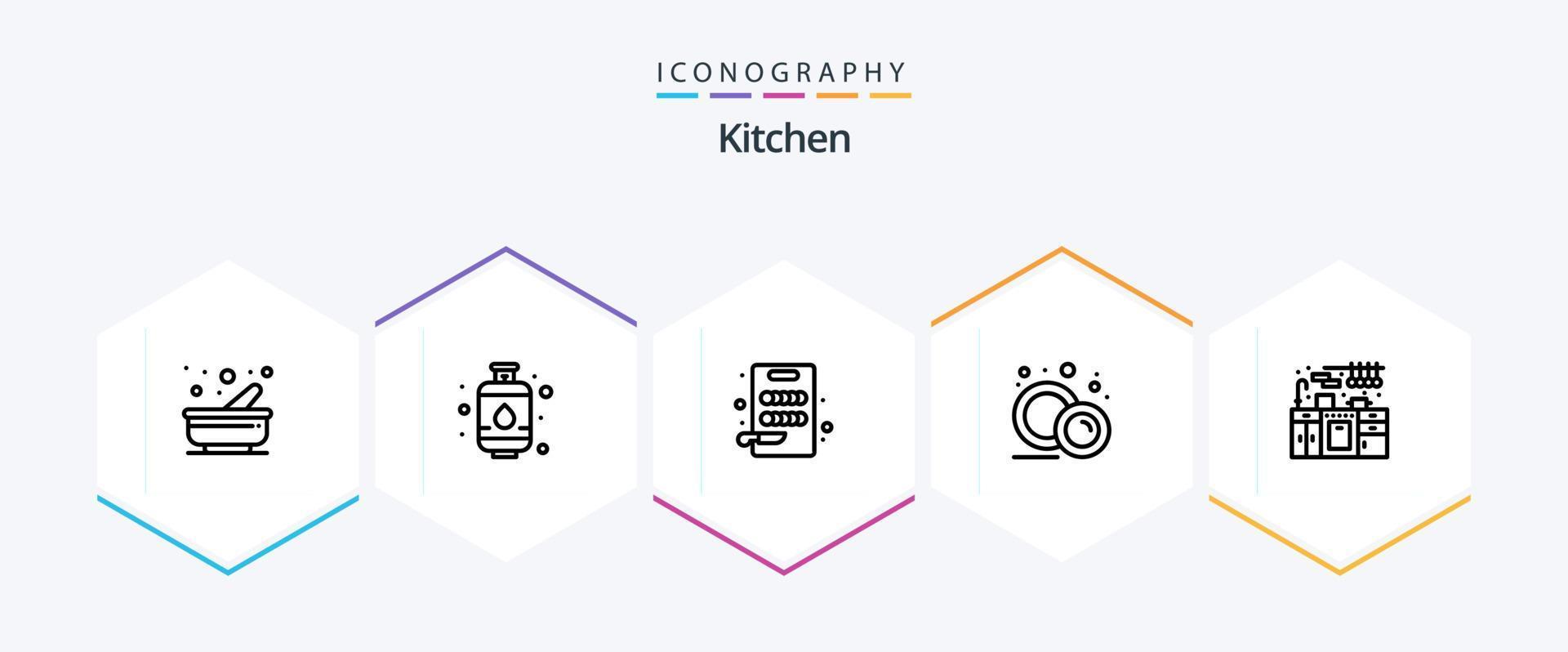 keuken 25 lijn icoon pak inclusief . keuken. snijden. kastje. voedsel bord vector