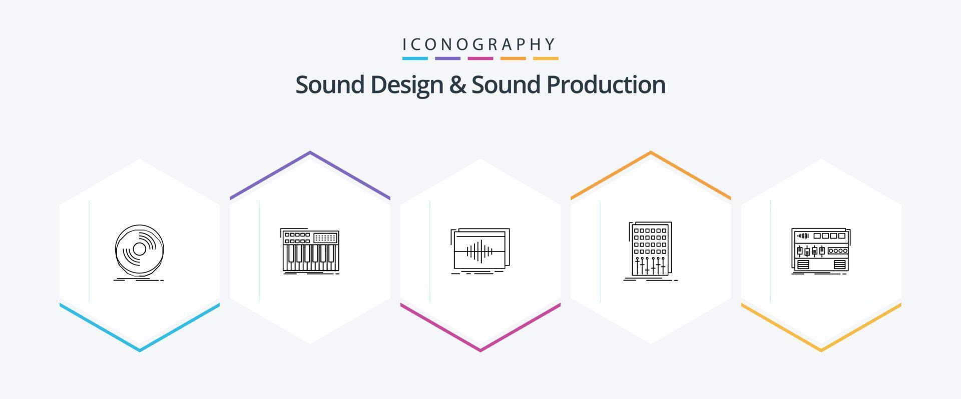 geluid ontwerp en geluid productie 25 lijn icoon pak inclusief mengen. geluid. synthesizer. Golf. hertz vector