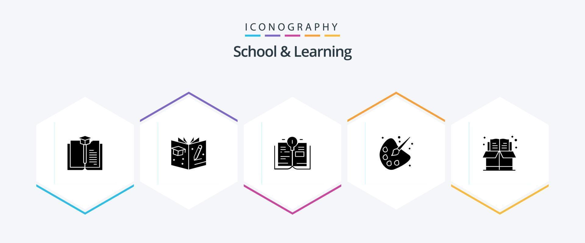 school- en aan het leren 25 glyph icoon pak inclusief . onderwijs. boek. bladwijzer. schilderij vector