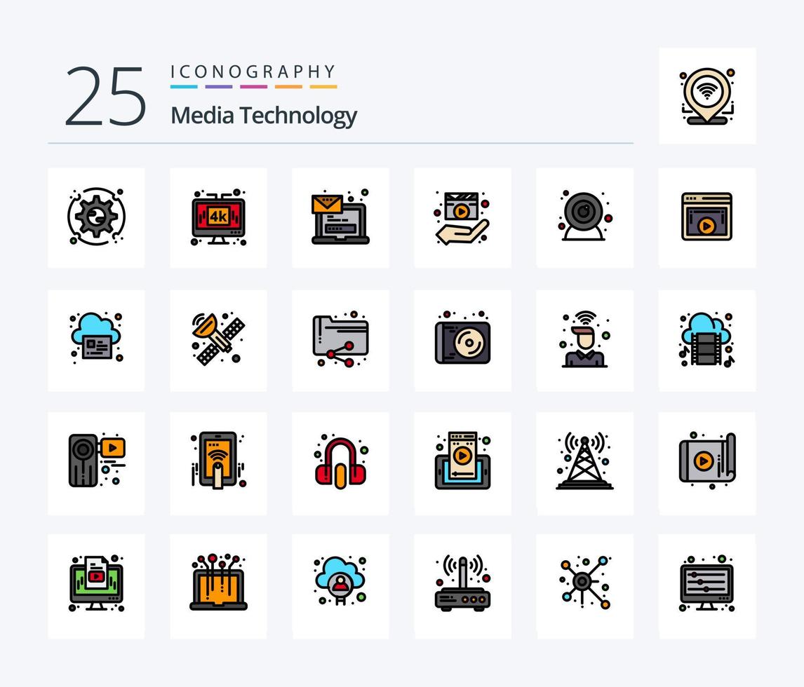 media technologie 25 lijn gevulde icoon pak inclusief media speler. film. lcd. regisseur. bericht vector