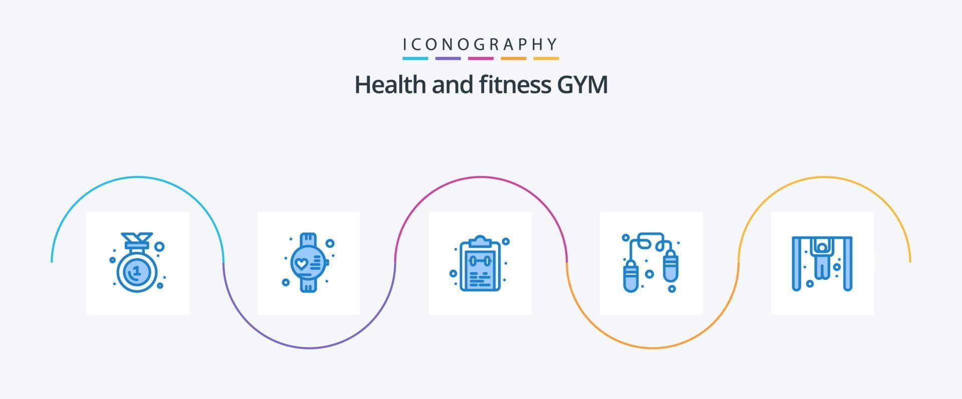 Sportschool blauw 5 icoon pak inclusief ringen. wedstrijd. lijst. springen touw. oefening vector