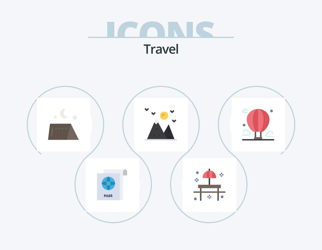 reizen vlak icoon pak 5 icoon ontwerp. ballon. berg. camping. landschap. wandelen vector