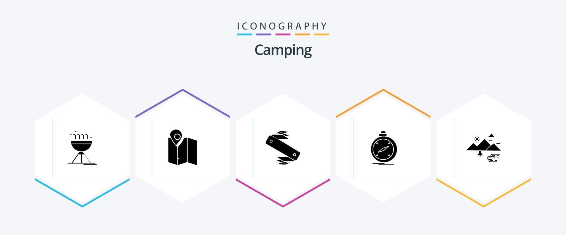 camping 25 glyph icoon pak inclusief GPS. richting. plaats. kompas. Zwitsers vector