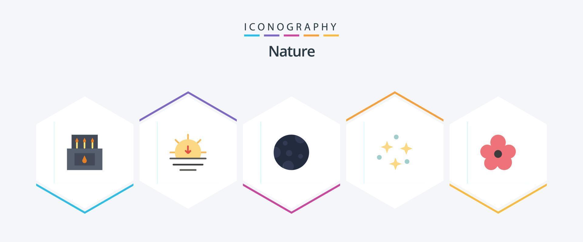 natuur 25 vlak icoon pak inclusief pot. bloem. maan. sterren. lucht vector