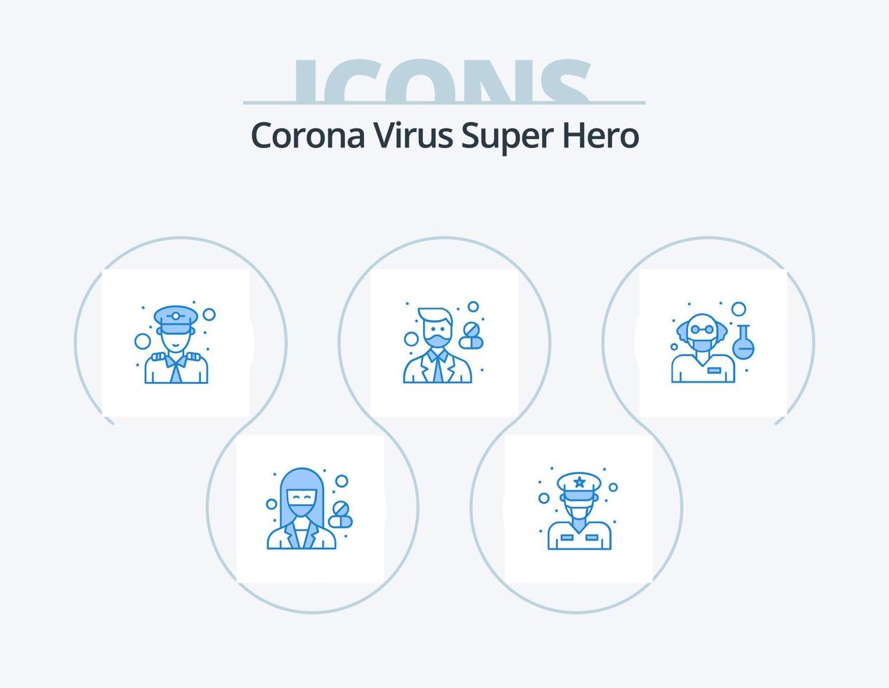 corona virus super held blauw icoon pak 5 icoon ontwerp. apotheker. ziekenhuis. mannetje. Gezondheid. officier vector