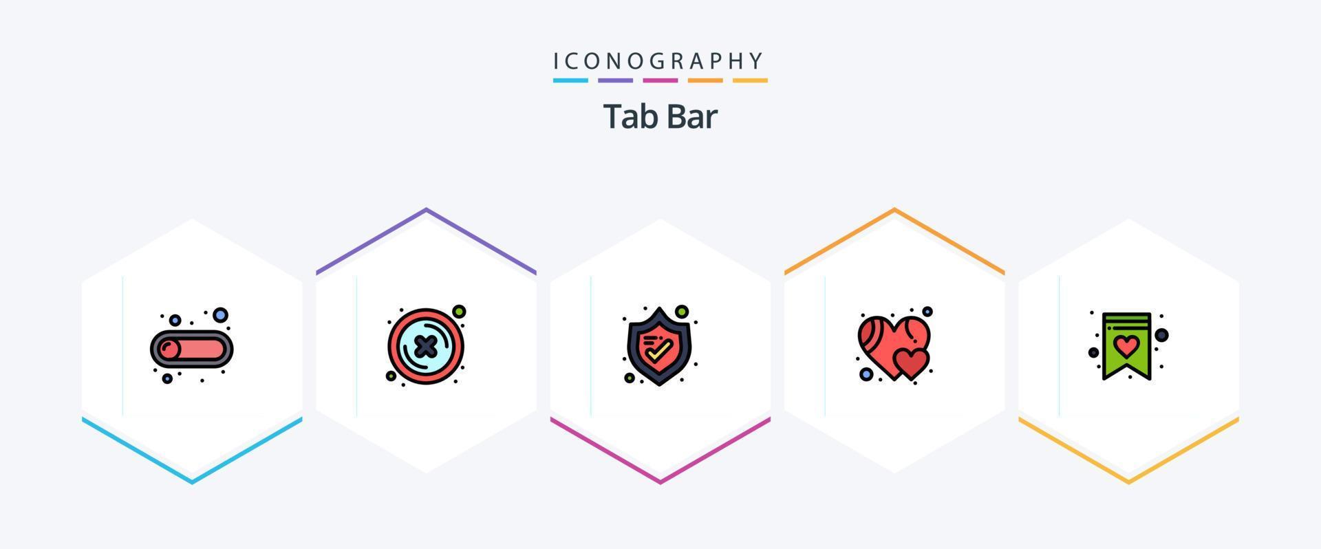 tab bar 25 gevulde lijn icoon pak inclusief . boodschappen doen lijst. bescherming. favoriet. hart vector