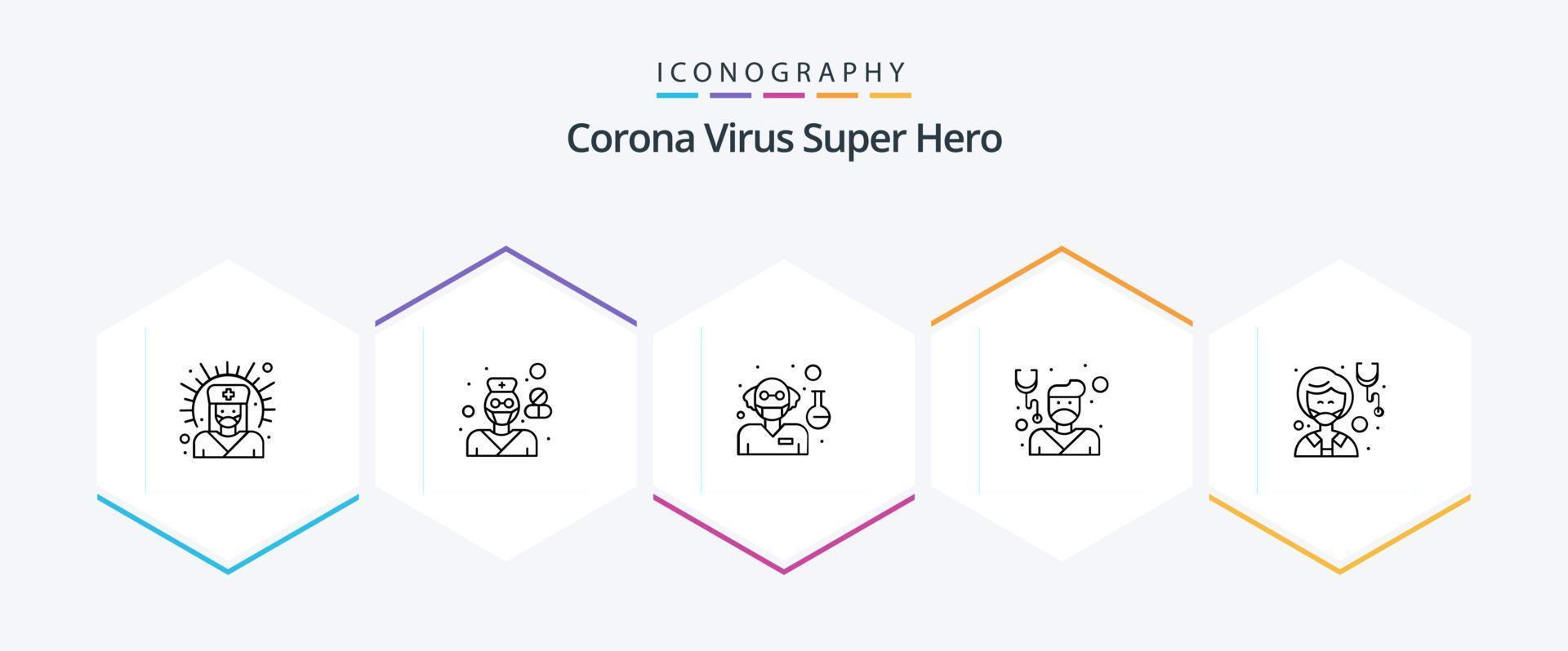 corona virus super held 25 lijn icoon pak inclusief zorg. Gezondheid. apotheker. dokter. wetenschapper vector